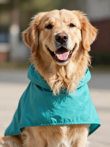 Happy smiling golden retriever wearing a bright teal artisanal poncho, warm natural daylight, eye-level pet portrait