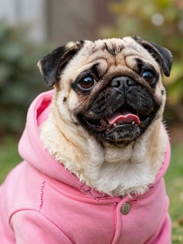 Close-up of a happy pug wearing a vibrant hand-stitched pink hoodie, looking up, bright warm natural daylight, soft focus garden background