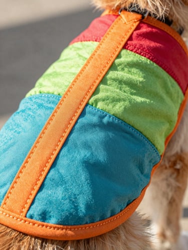 Detailed close-up of colorful hand-stitched pet clothing fabric, showing high quality seams and textures, bright natural light