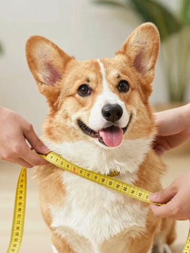 Bright warm photography of a cheerful corgi being measured gently with a yellow measuring tape by hands, natural daylight, soft focus background, eye-level portrait