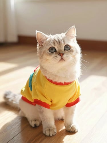 Bright warm photo of a small fluffy kitten wearing a colorful miniature shirt, sitting comfortably on a sunny wooden floor, natural daylight, soft focus background