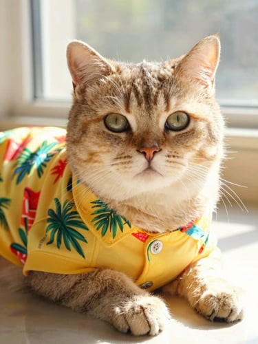 Bright eye-level portrait of a calm domestic short-hair cat wearing a tiny colorful tropical shirt, lounging in a sunny spot, warm natural daylight