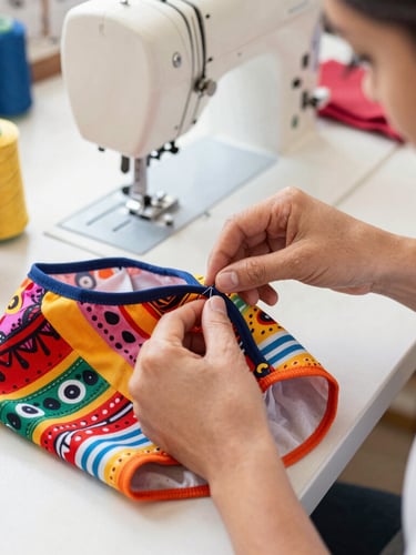Behind the scenes in a bright Mexican sewing workshop, hands carefully stitching a colorful pet shirt, warm daylight, textiles visible