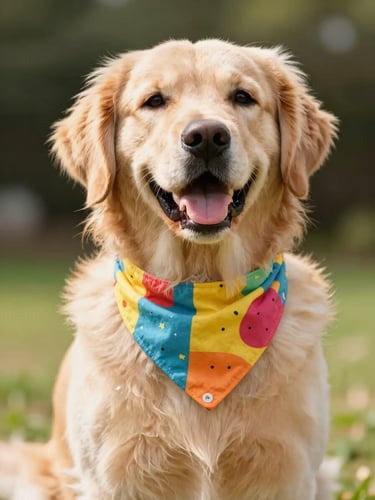 Bright warm photo of a happy golden retriever wearing a colorful handmade pet bandana, natural daylight, soft focus background