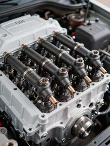 Close-up portrait frame of a GDI engine bay, fuel rail and high-pressure direct injectors in sharp focus against a white-painted engine block, studio-quality north-facing daylight, tight macro detail showing injector nozzle seats and rail fittings