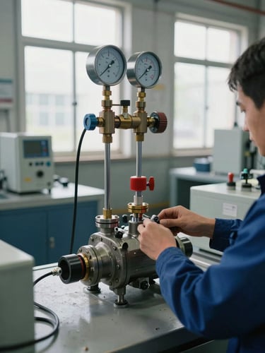 Wide medium shot of a reducer pressure-test bench in a manufacturing facility, technician's hands connecting a reducer to a high-pressure gauge manifold, bright north-facing daylight from factory windows, gauges and calibration equipment in background, no faces visible