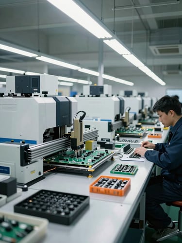 Wide manufacturing floor shot of LyanteGAS ECU assembly line, PCB SMT pick-and-place machines in operation under bright white overhead industrial lighting, medium-wide environmental frame showing production scale and component trays