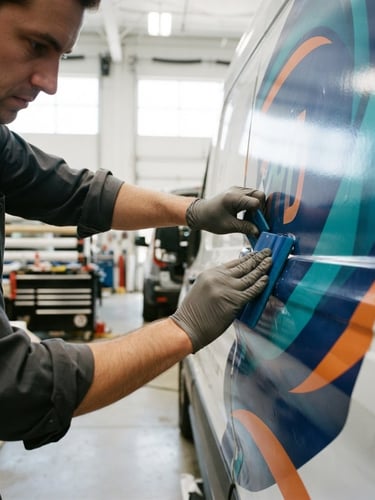 Close-up of a technician applying a large vinyl graphic to the side of a fleet vehicle in a well-lit industrial workshop, showing precise hand movements and the vibrant graphic material, with tools visible in the background, bright clean daylight, crisp details, saturated corporate colors, sharp focus, 35mm lens