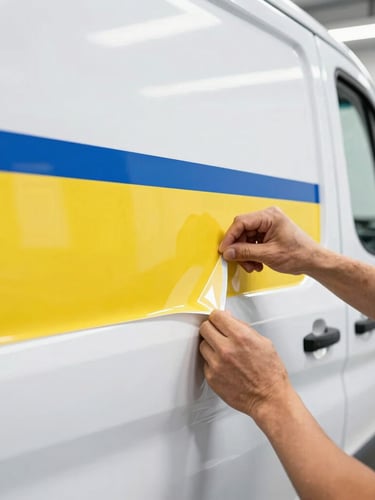 Close-up of a skilled technician applying a vinyl graphic to the side of a large white commercial van inside a clean, well-lit installation bay, focus on the hands and vinyl edge.