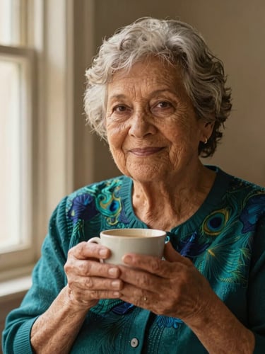 Dignified portrait of an elder woman, diverse, with gentle hands holding a warm cup, soft window light, rich peacock teal and indigo tones, 35mm, warm editorial photography, soft golden-hour window light.