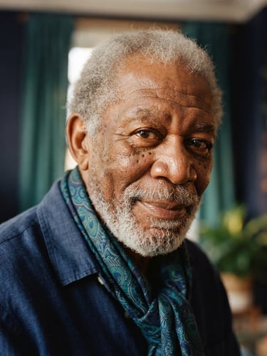 Warm editorial photography of a dignified elder's face in soft golden-hour window light, expressing calm and wisdom, rich peacock teals and deep indigo tones, 35mm