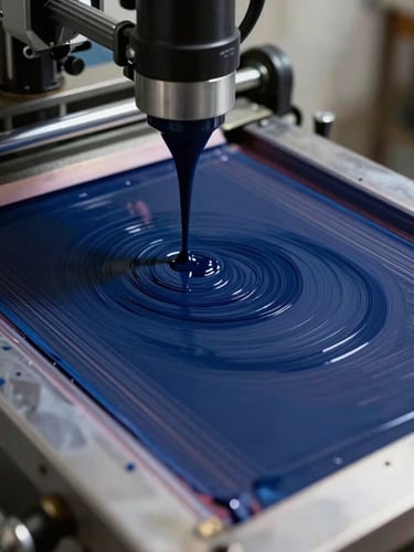 Close-up shot of a manual screen-printing press, deep indigo ink passing through a fine mesh screen, high-contrast workshop light