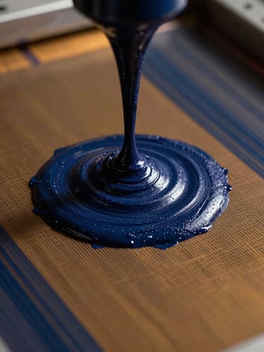 Extreme close-up of thick screen-printing ink passing through a fine mesh screen, deep indigo and burnt amber colors, high-contrast studio lighting with rich shadows, showing tactile physical texture.