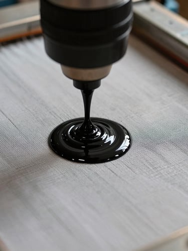 Extreme close-up of screen-printing ink passing through a fine mesh screen onto a heavy cotton garment, showing rich tactile texture