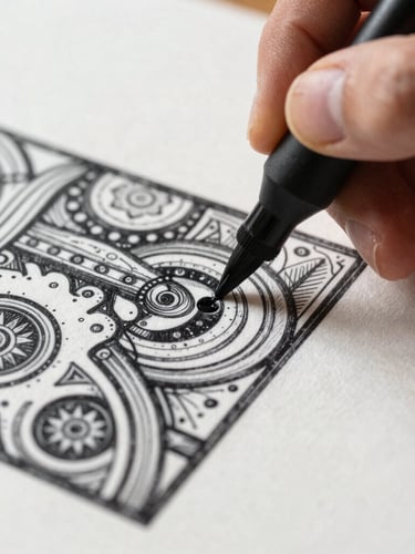 Extreme close-up of hands drawing a detailed graphic illustration with physical black ink on textured cotton paper, focusing on the ink texture