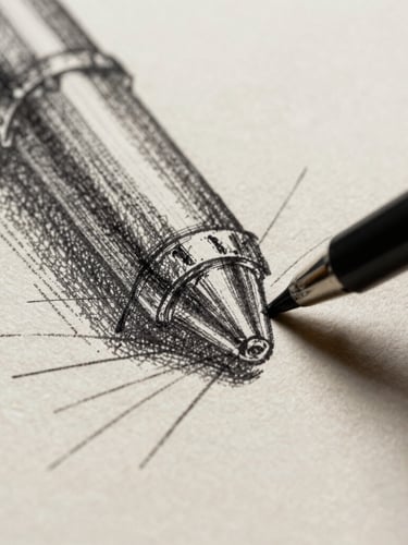 Extreme macro shot of physical black ink sketching on heavily textured cream paper, showing raw pen strokes and ink bleed, high-contrast studio lighting, deep shadows.