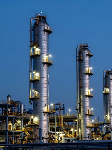 Cinematic industrial photography of Barrancabermeja refinery towers at blue hour, sharp steel structures, dramatic safety lighting, professional 35mm composition.