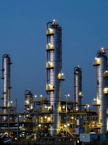 Wide panoramic cinematic shot of the Barrancabermeja refinery at blue hour, dramatic industrial lighting, steel towers with glowing amber accents, professional 35mm.