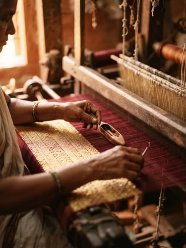 A close-up of hands weaving Kanchipuram silk on a traditional wooden loom, warm golden-hour sunlight highlighting the fine gold threads, shallow depth of field, 35mm.