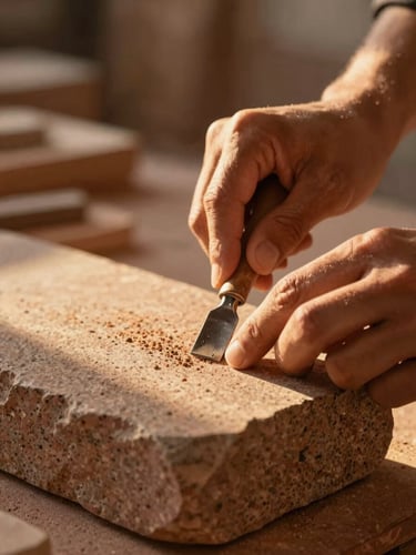 A close-up of hands carving stone in a traditional workshop, warm golden-hour sunlight highlighting the chisel and granite dust, shallow depth of field, 35mm