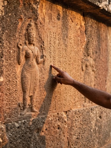 A scholar pointing to ancient Chola inscriptions carved on a weathered temple stone wall, warm golden-hour light, shallow depth of field, 35mm