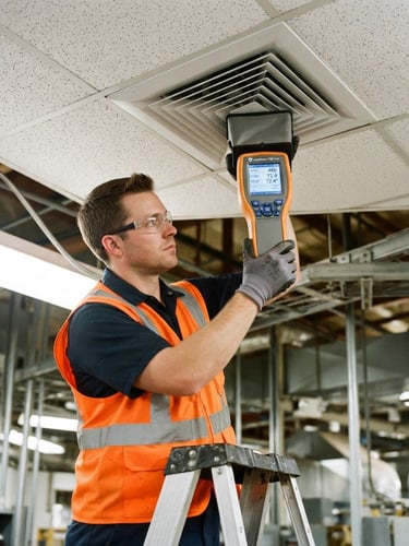 A certified HVAC technician in a high-visibility vest operating a digital flow hood on a commercial ceiling diffuser, bright industrial lighting, sharp focus, 35mm