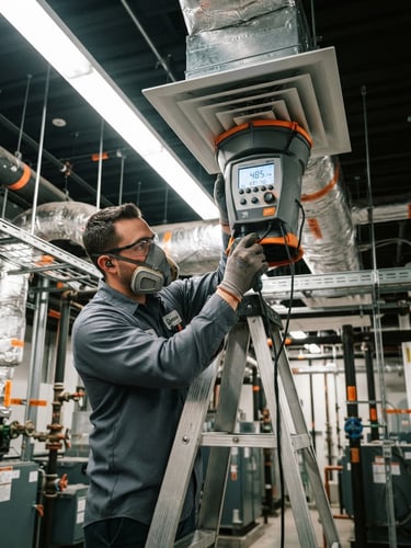 Close-up of a certified technician in safety gear operating a digital flow hood in a high-ceiling commercial mechanical room, bright high-contrast site lighting, slate and orange tones, 35mm.