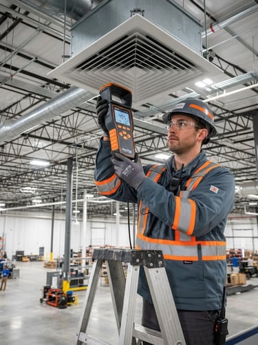 A certified field technician in high-visibility gear operating a digital flow hood in a high-ceiling commercial facility, bright high-contrast commercial site lighting, crisp slate and safety orange tones, sharp focus