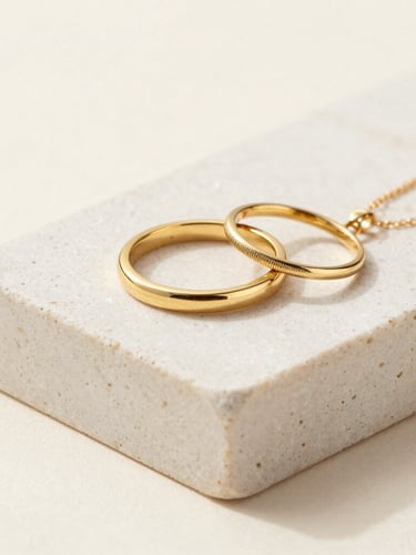 High-key studio shot of curated 18k gold vermeil rings and delicate necklaces stacked on a clean off-white stone pedestal, warm diffused lighting, sharp focus, neutral tones.