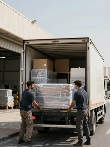 Wide environmental shot, natural daylight, two movers methodically loading wrapped furniture into a large white truck parked at a Dubai industrial street, truck interior organized with stacked boxes and padded items, open roller door visible on the right edge, expansive warehouse facade in background