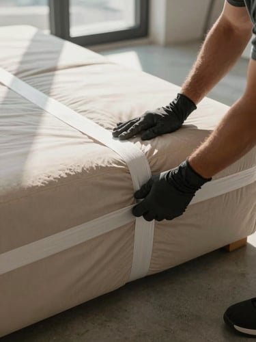 Close-up of two movers' gloved hands securing padded furniture wrap with nylon straps inside a Dubai apartment, natural window light casting soft shadows across the wrapped item, concrete floor visible below