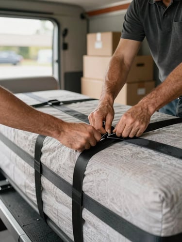 Close-up of a mover's hands tightening a heavy-duty securing strap across a wrapped sofa inside a truck, natural warehouse light from an open bay door, thick moving blankets visible underneath, organized stacked boxes in the background