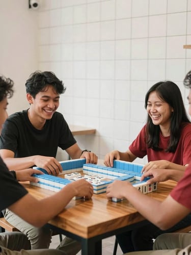 Candid shot of diverse young Indonesian adults laughing and playing mahjong around a clean wooden table in a bright, modern minimalist cafe, warm natural light, 35mm