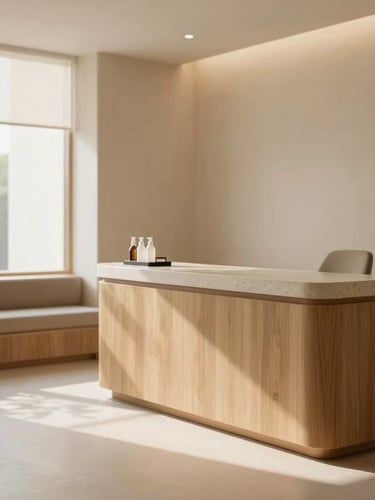 Warm editorial photography of a minimalist premium clinic interior with natural wood and stone, soft diffused daylight, shallow depth of field