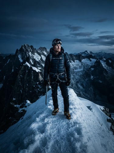 Heroic athlete standing on a snow-covered alpine peak under cold blue lighting, dramatic high-contrast mountain background, 50mm
