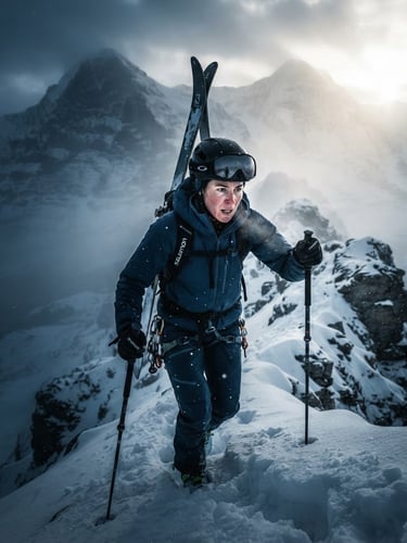 Heroic portrait of an elite athlete training in cold alpine environment, high-contrast studio strobes, dramatic natural mountain sunlight piercing through mist, cold blue lighting, 50mm