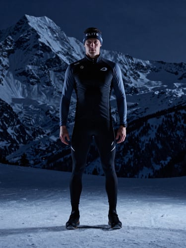 Elite athlete training in a cold alpine environment, high-contrast studio lighting, dramatic snow-capped mountains in the background, 50mm