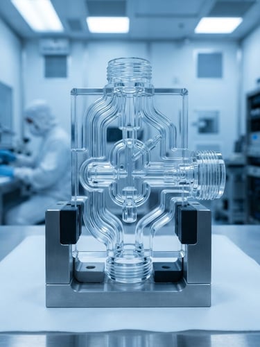 Macro shot of high-purity semiconductor quartz component reflecting cool cyber-blue clinical light, pristine sterile cleanroom background, ultra-sharp detail, 3:4 portrait