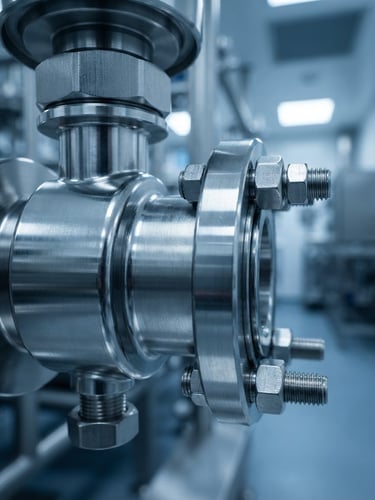 Macro close-up of an electropolished stainless steel sanitary valve, sterile cleanroom lighting, cool cyber-blue reflections, ultra-sharp details