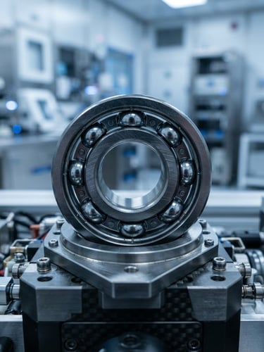 Macro industrial tech photography of a high-precision metallic ball bearing reflecting cool cyber blue light, clinical cleanroom background, ultra-sharp detail