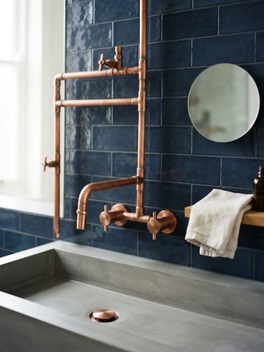 Crisp architectural photography of a modern high-end bathroom fixture, clean copper piping details, sharp focus, 35mm