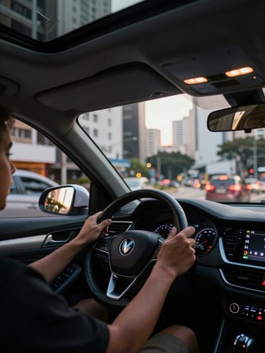 Motorista de aplicativo iniciando a jornada de trabalho, mãos no volante, painel do carro iluminado, luz suave do amanhecer entrando pela janela, com reflexos urbanos no para-brisa, São Paulo ao fundo.