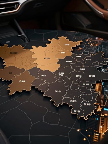 Wide panoramic stylized map of São Paulo state, highlighting the regions covered by DDDs 011 to 019, with a modern, dark fintech aesthetic and amber accents.