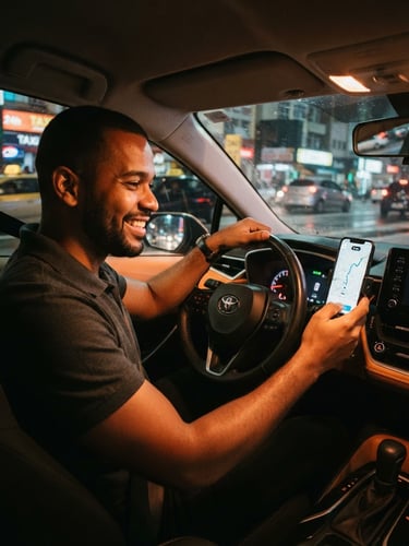 Motorista de aplicativo sorrindo, dentro de um carro moderno em São Paulo, utilizando um smartphone com aplicativo de corrida aberto, luz dourada do painel, reflexos urbanos.