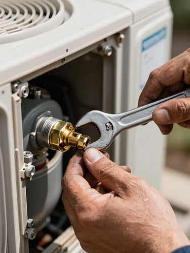 Close-up macro shot of a mechanic's grease-stained hands using a wrench to secure a brass fitting inside an open residential AC condenser unit, bright midday sunlight