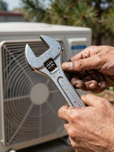 Close-up macro shot of grease-stained hands using a heavy wrench on an open outdoor AC condenser unit, harsh midday sun, pine trees blurred in the background.
