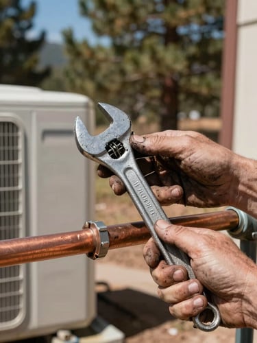 A close-up of grease-stained hands holding a heavy-duty wrench, adjusting a copper pipe on an outdoor AC condenser unit, bright midday Colorado sun casting sharp shadows, pine trees blurred in the background.