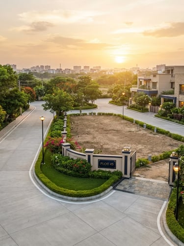Wide environmental shot of a premium demarcated residential plot in Kanpur, clean concrete roads, green borders, warm golden-hour sunlight