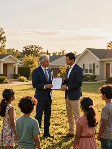 A professional real estate advisor in a navy suit presenting clean registry documents to an Indian family on a sunny residential plot, warm golden-hour light