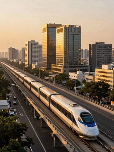 Modern high-speed highway and metro line infrastructure in Kanpur during golden hour, symbolizing rapid urban growth and real estate potential